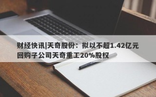 财经快讯|天奇股份：拟以不超1.42亿元回购子公司天奇重工20%股权